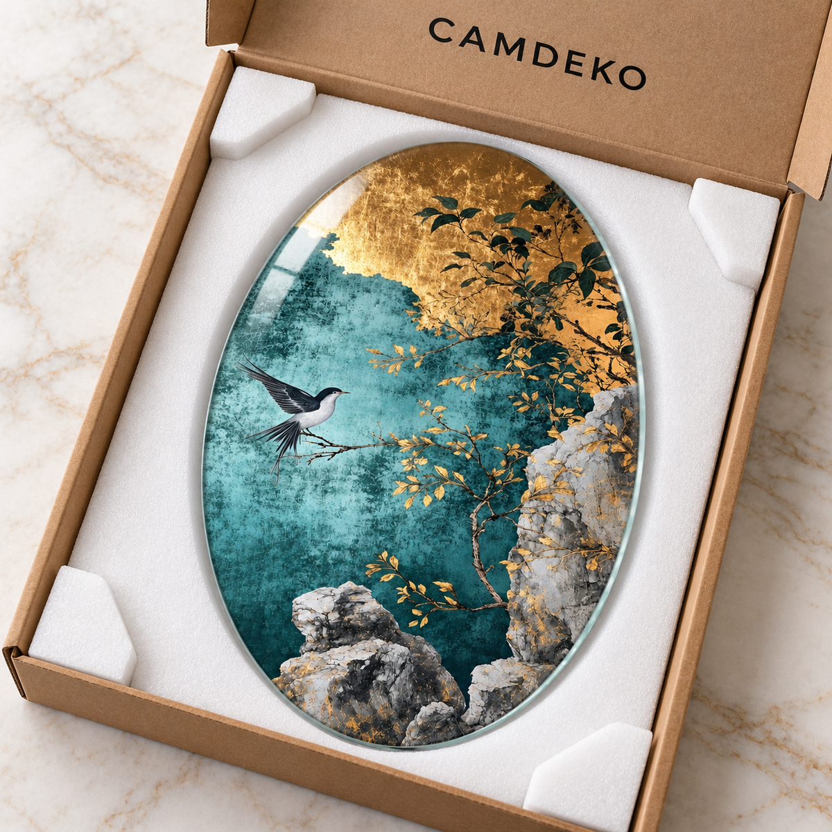 Turkuaz Bahçede Kuş Dikey Oval Cam Tablo - Koruyucu paketleme