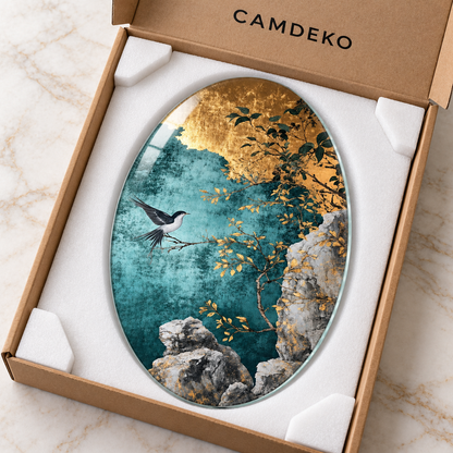 Turkuaz Bahçede Kuş Dikey Oval Cam Tablo - Koruyucu paketleme