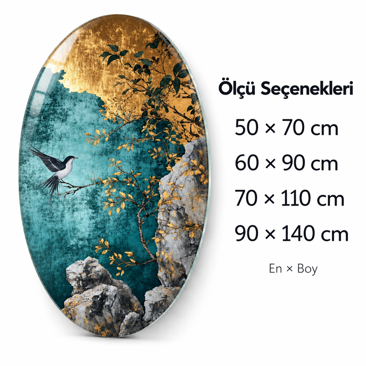 Turkuaz Bahçede Kuş Dikey Oval Cam Tablo - Ölçü seçenekleri