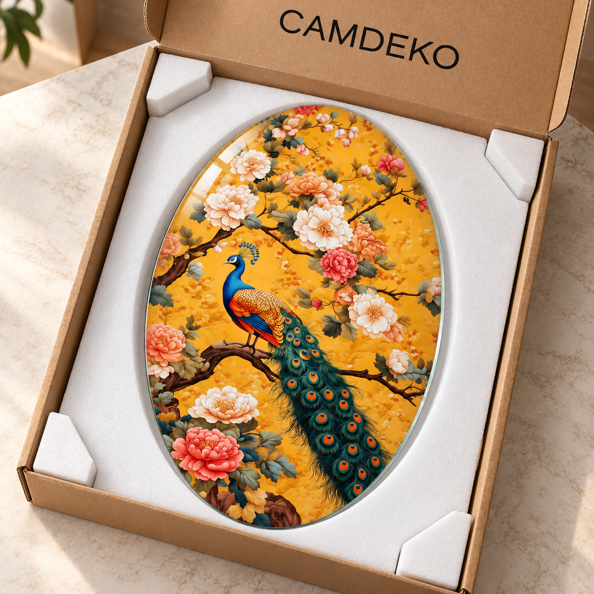 Altın Bahçede Tavus Kuşu Dikey Oval Cam Tablo - Koruyucu paketleme