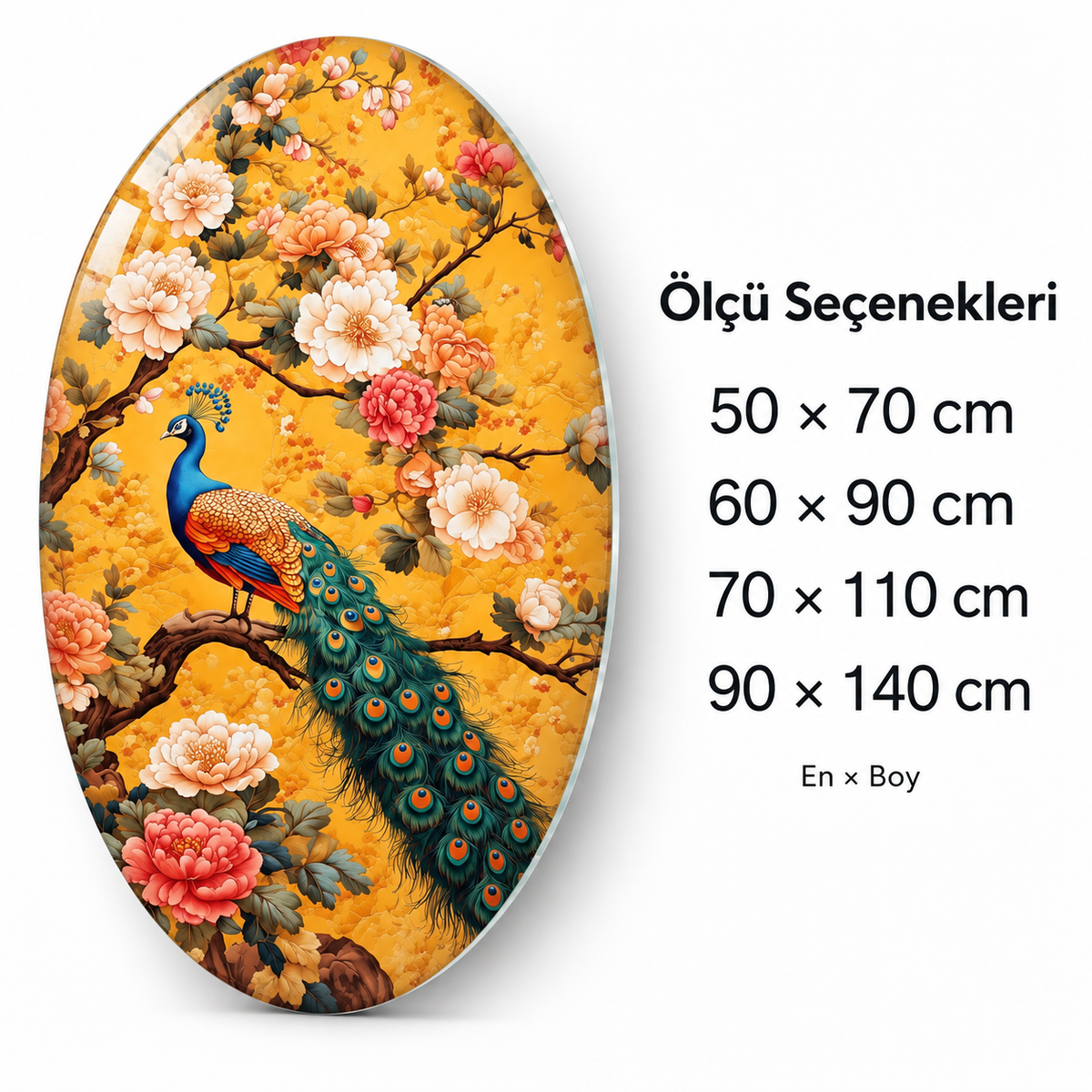 Altın Bahçede Tavus Kuşu Dikey Oval Cam Tablo - Ölçü seçenekleri