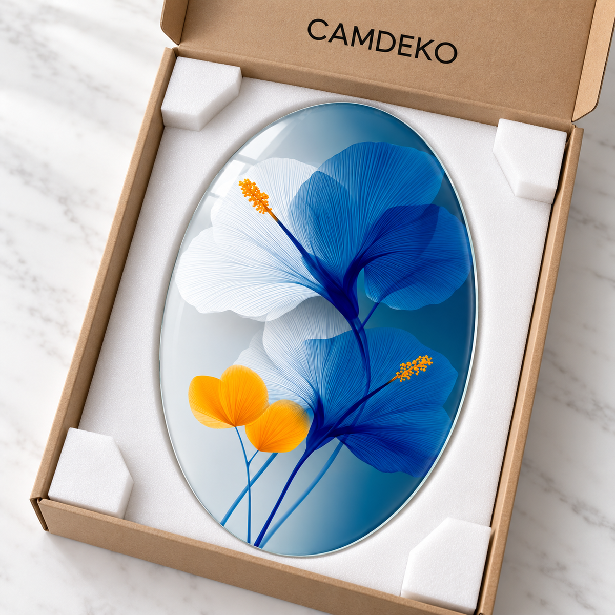 Mavi Beyaz ve Sarı Çiçekler Dikey Oval Cam Tablo - Koruyucu paketleme