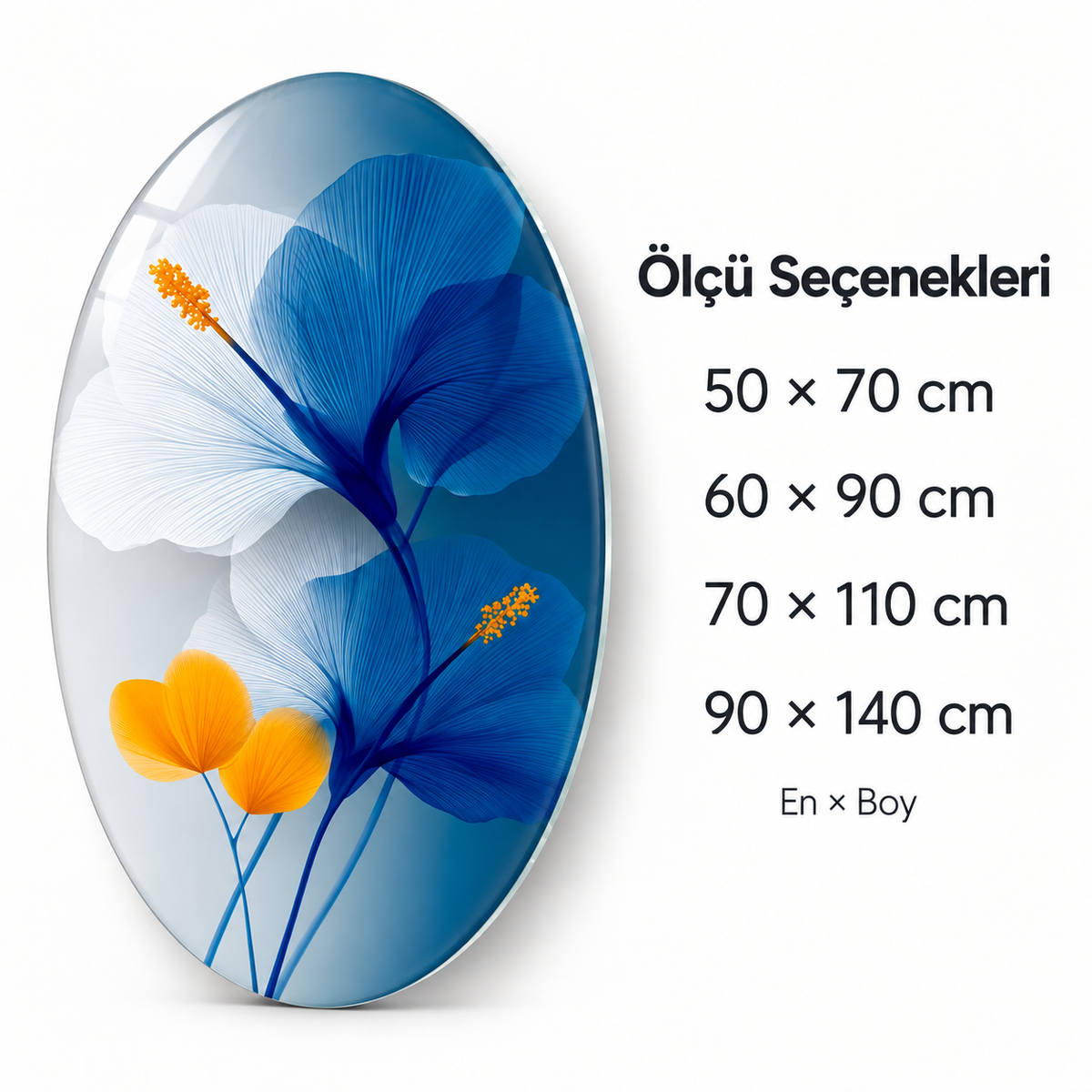 Mavi Beyaz ve Sarı Çiçekler Dikey Oval Cam Tablo - Ölçü seçenekleri