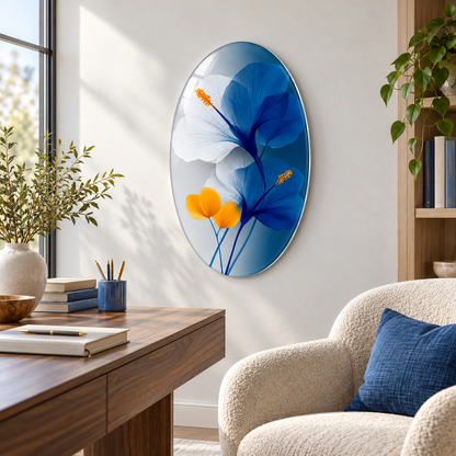 Mavi Beyaz ve Sarı Çiçekler Dikey Oval Cam Tablo - Alternatif mekân