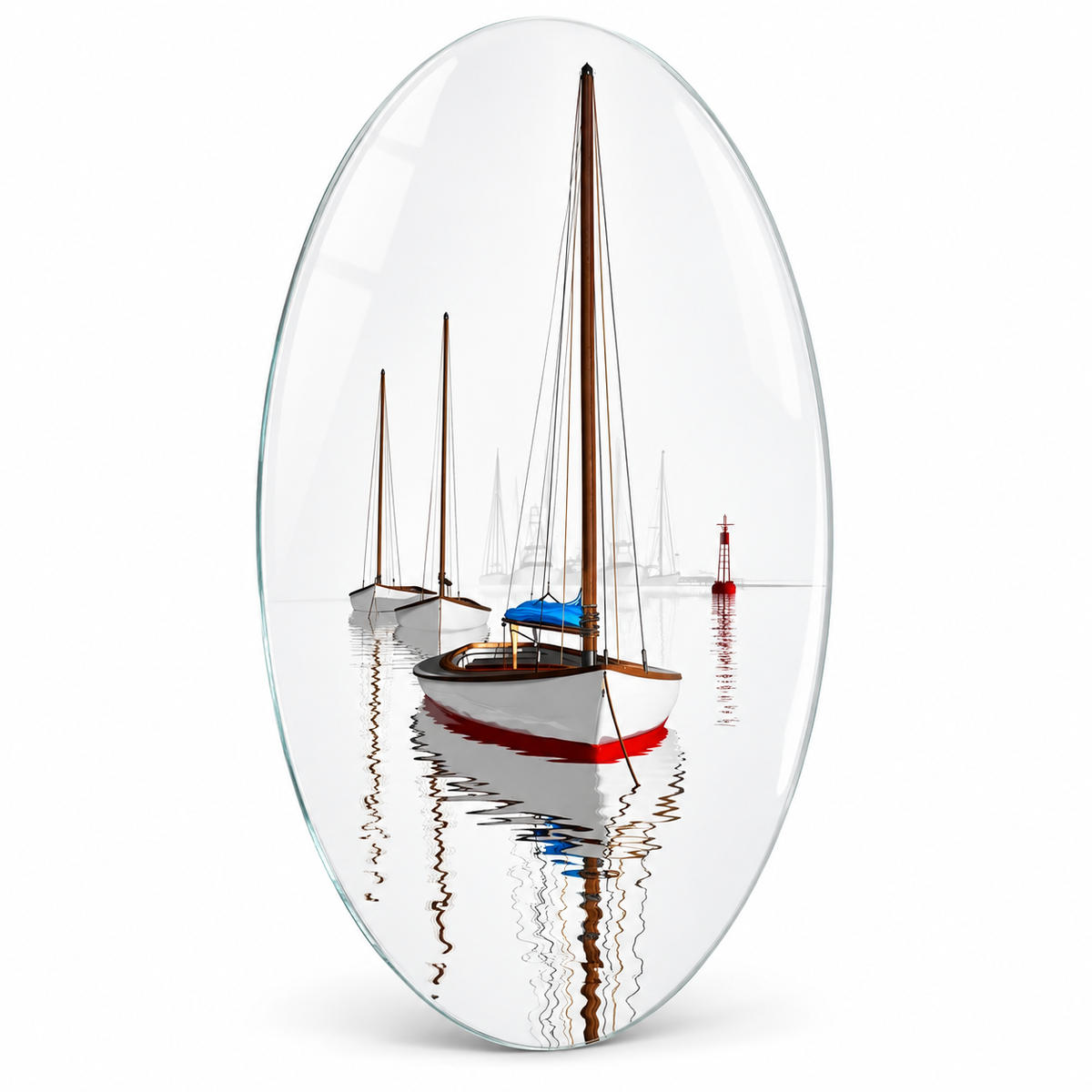 Beyaz Ufukta Yelkenliler Dikey Oval Cam Tablo - Beyaz vitrin