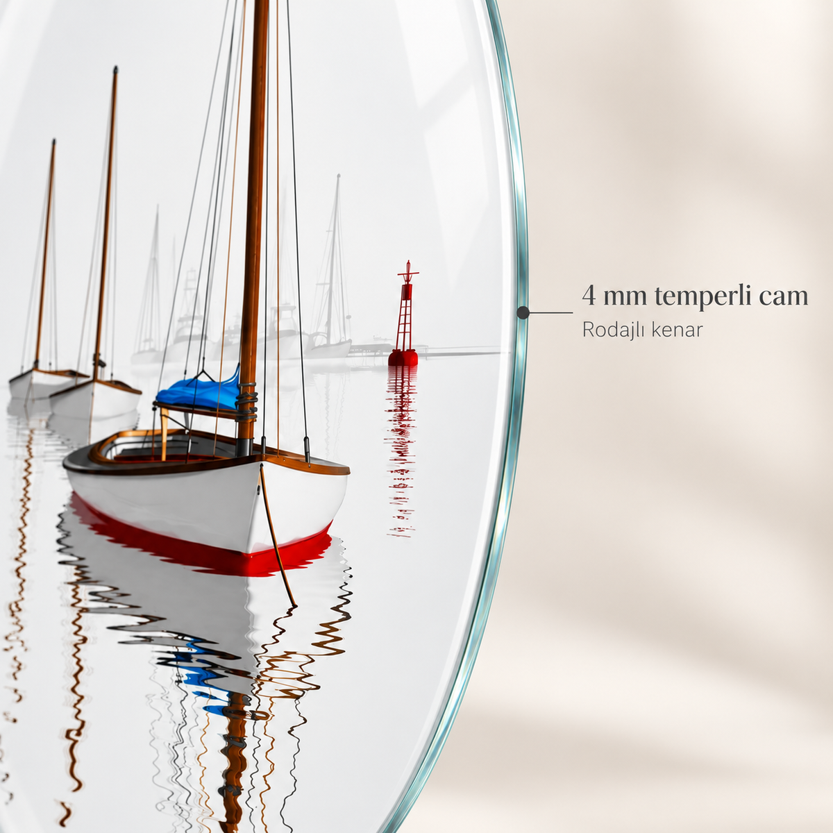 Beyaz Ufukta Yelkenliler Dikey Oval Cam Tablo - 4 mm cam kenarı