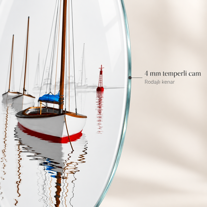Beyaz Ufukta Yelkenliler Dikey Oval Cam Tablo - 4 mm cam kenarı
