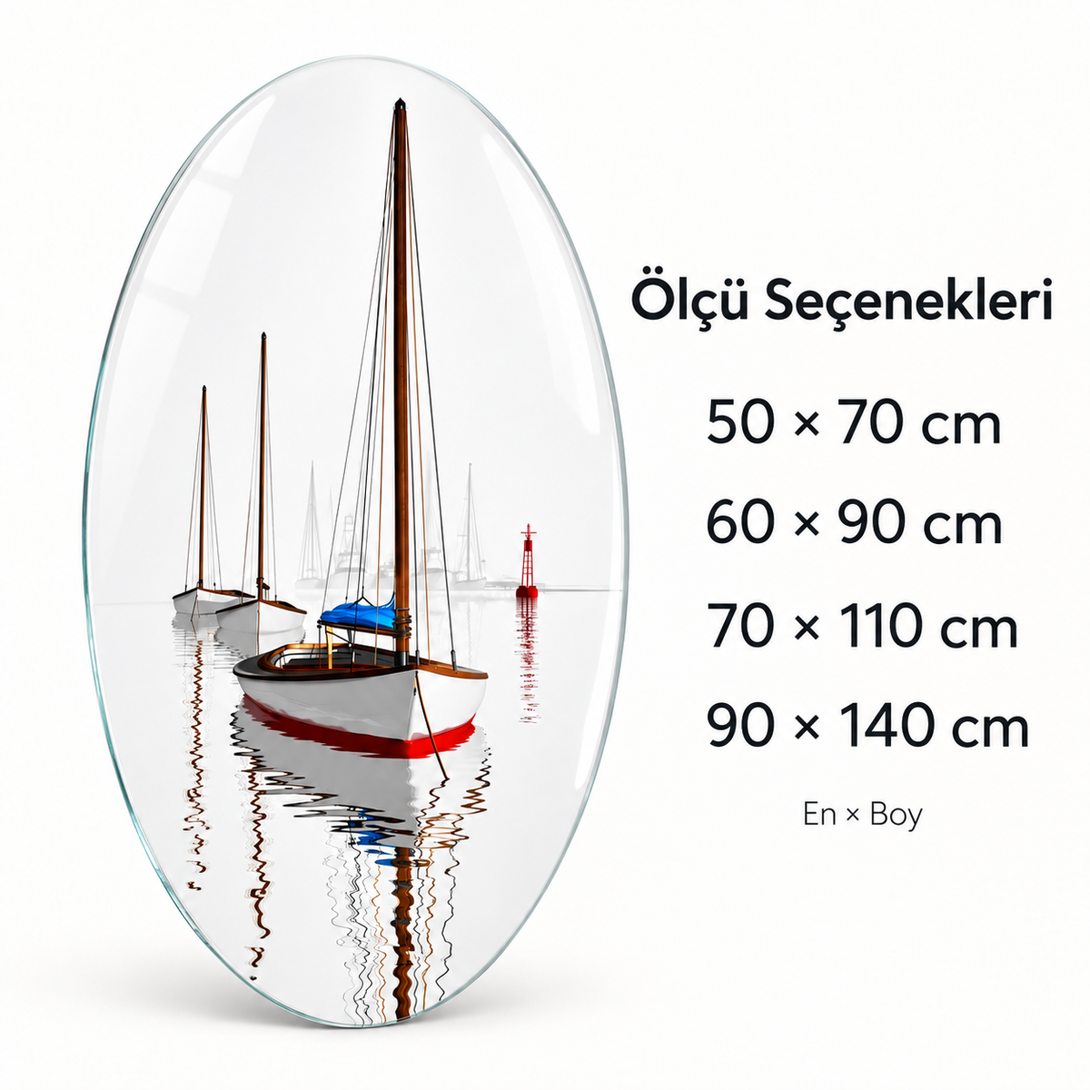Beyaz Ufukta Yelkenliler Dikey Oval Cam Tablo - Ölçü seçenekleri