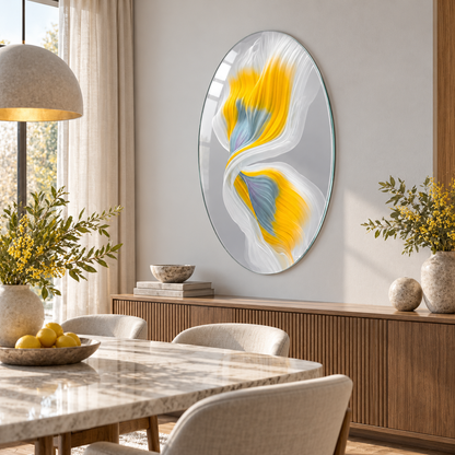 Sarı ve Beyaz İpeksi Akış Dikey Oval Cam Tablo - Yemek odası