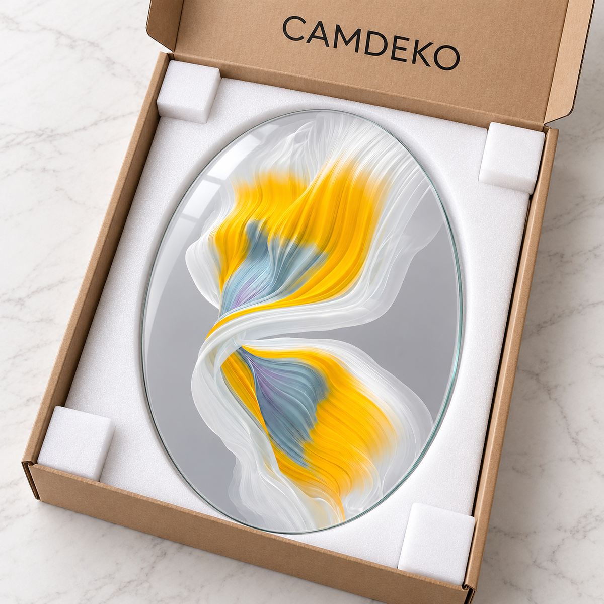 Sarı ve Beyaz İpeksi Akış Dikey Oval Cam Tablo - Koruyucu paketleme