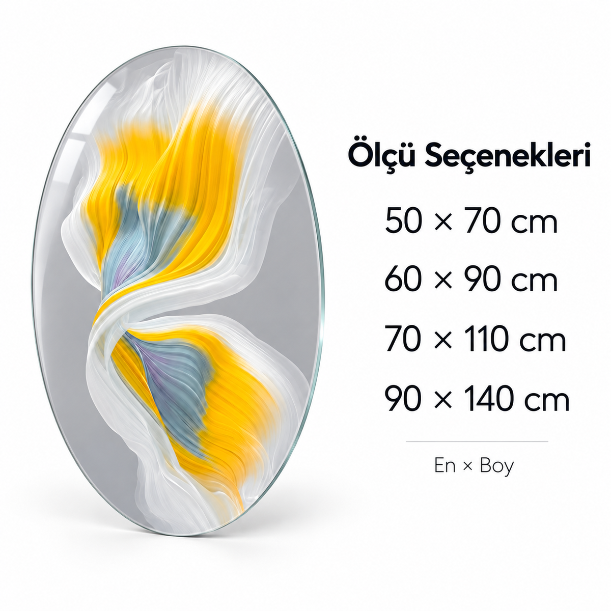 Sarı ve Beyaz İpeksi Akış Dikey Oval Cam Tablo - Ölçü seçenekleri