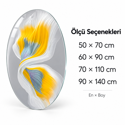 Sarı ve Beyaz İpeksi Akış Dikey Oval Cam Tablo - Ölçü seçenekleri
