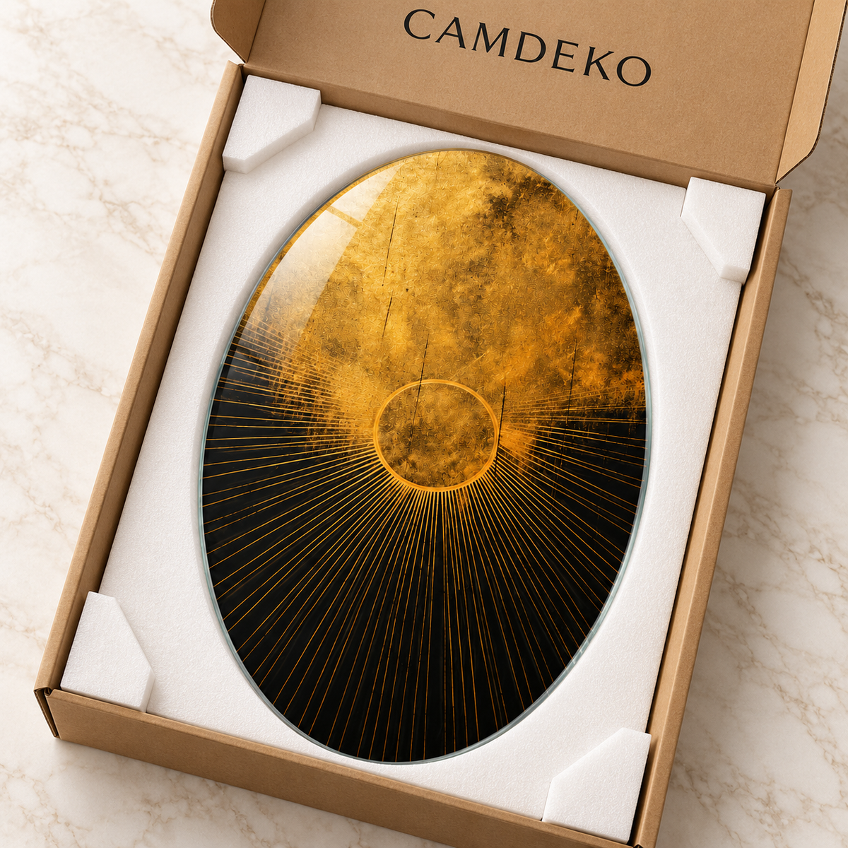 Siyah ve Altın Güneş Işınları Dikey Oval Cam Tablo - Koruyucu paketleme