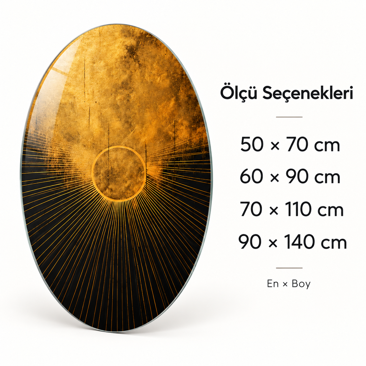 Siyah ve Altın Güneş Işınları Dikey Oval Cam Tablo - Ölçü seçenekleri