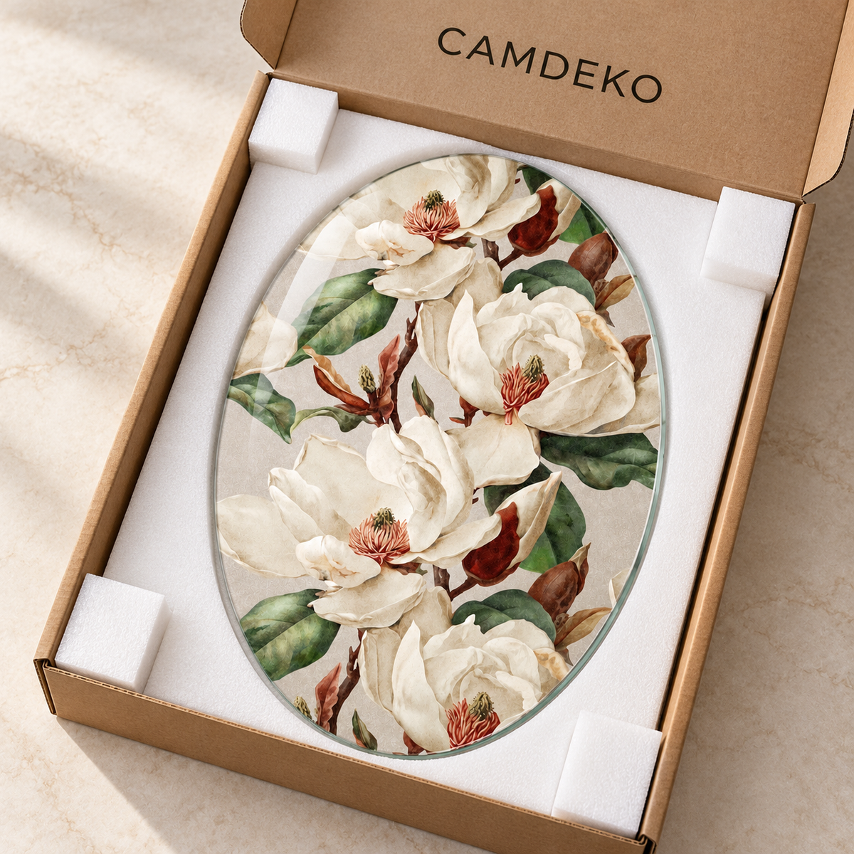 Krem Manolya Bahçesi Dikey Oval Cam Tablo - Koruyucu paketleme
