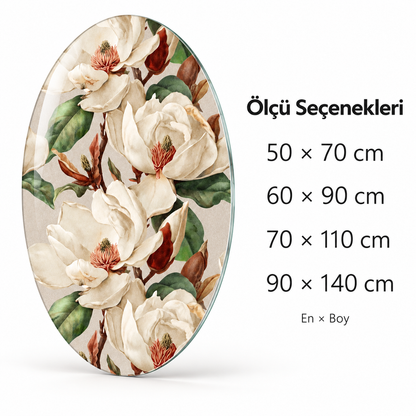Krem Manolya Bahçesi Dikey Oval Cam Tablo - Ölçü seçenekleri