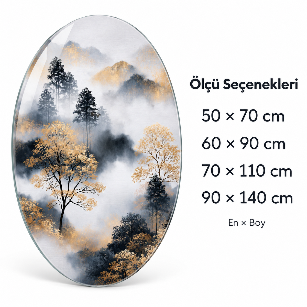 Sisli Dağlarda Altın Ağaçlar Dikey Oval Cam Tablo - Ölçü seçenekleri