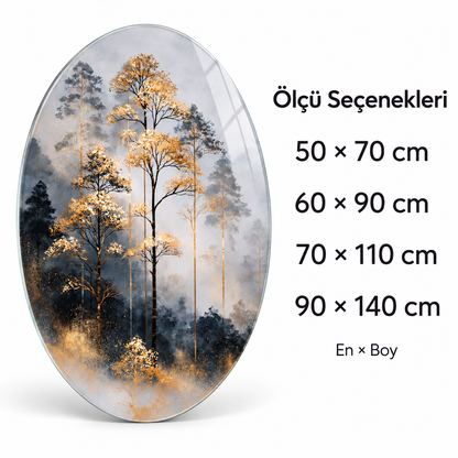 Altın Yapraklı Sisli Orman Dikey Oval Cam Tablo - Ölçü seçenekleri