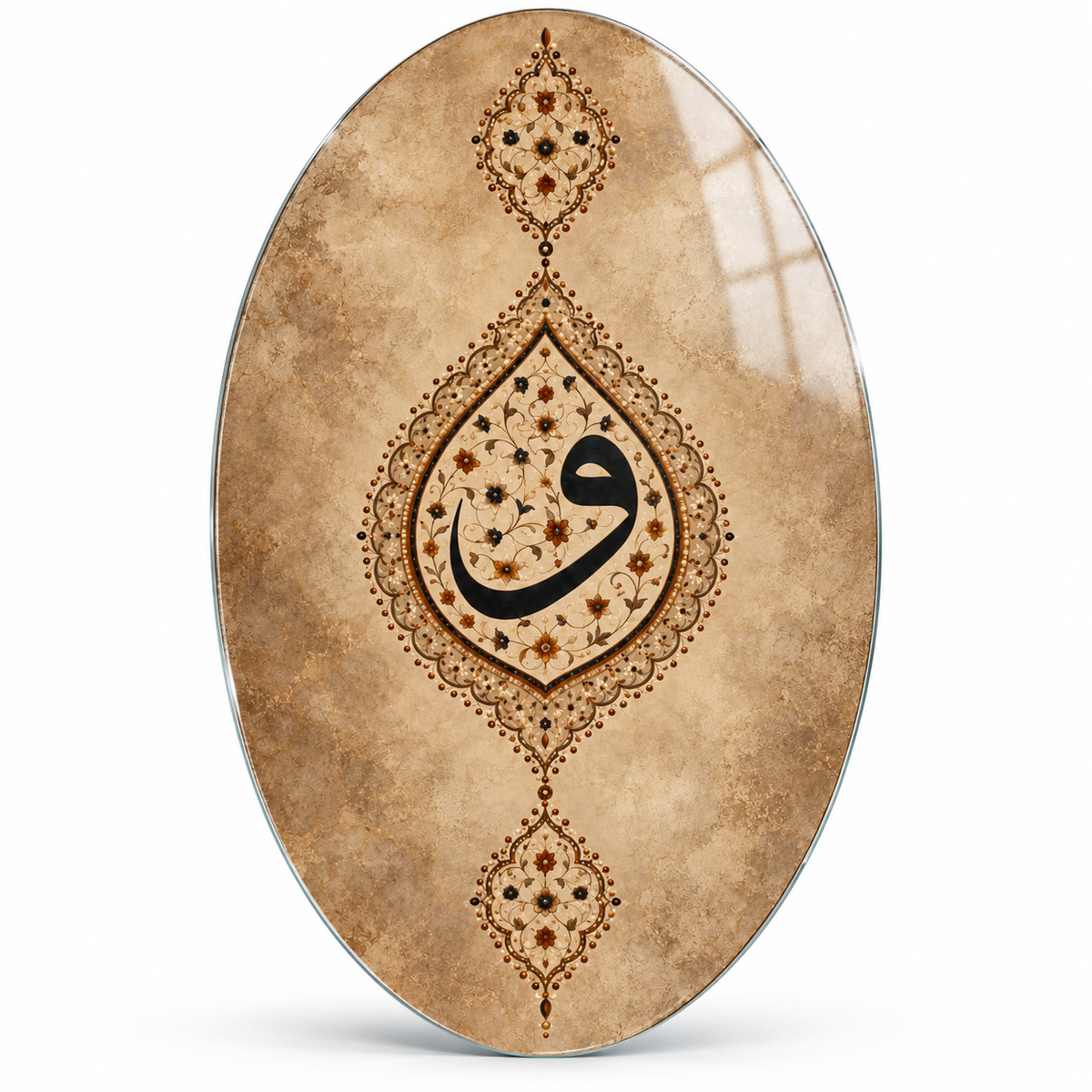 Bej ve Bronz Tezhipli Vav Dikey Oval Cam Tablo - Beyaz vitrin