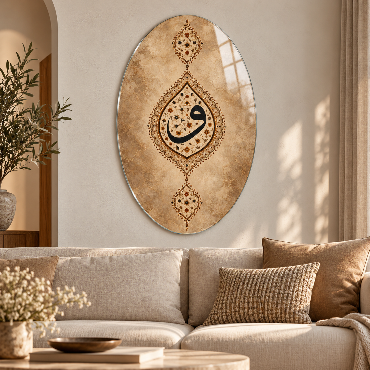 Bej ve Bronz Tezhipli Vav Dikey Oval Cam Tablo - Salon