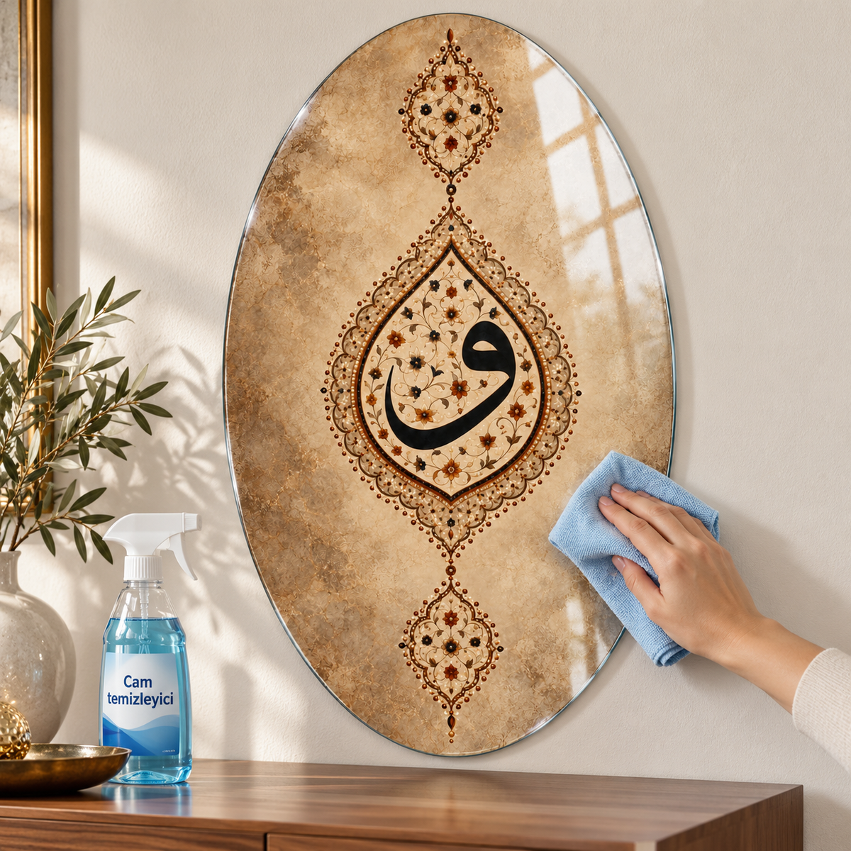 Bej ve Bronz Tezhipli Vav Dikey Oval Cam Tablo - Temizlik