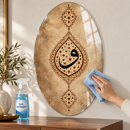 Bej ve Bronz Tezhipli Vav Dikey Oval Cam Tablo - Temizlik