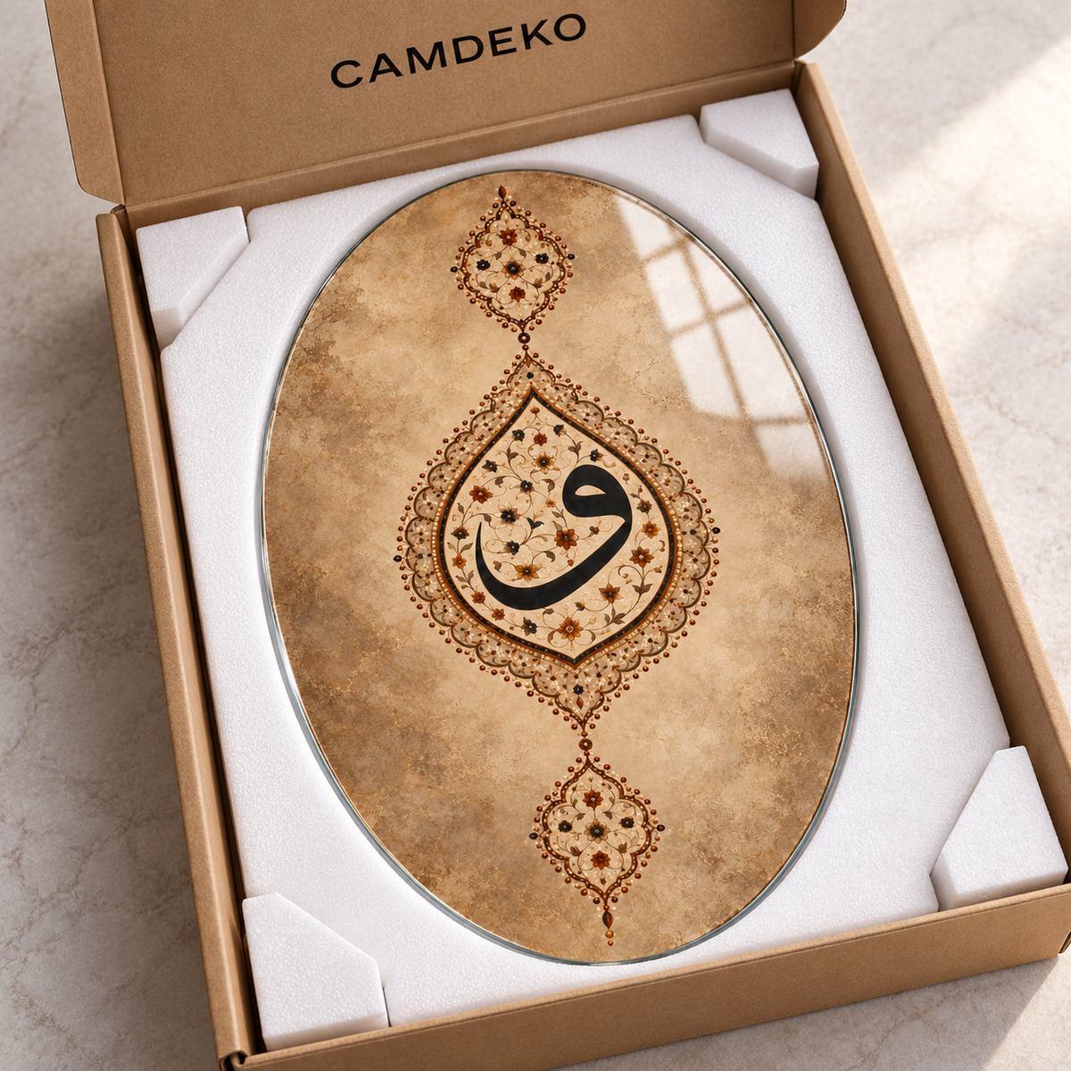 Bej ve Bronz Tezhipli Vav Dikey Oval Cam Tablo - Koruyucu paketleme