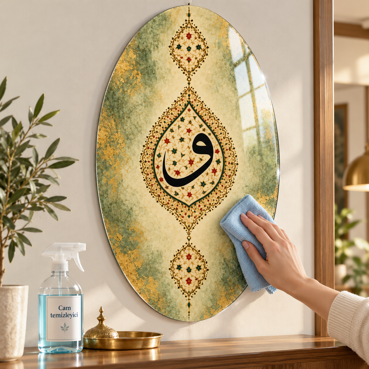 Adaçayı ve Altın Tezhipli Vav Dikey Oval Cam Tablo - Temizlik