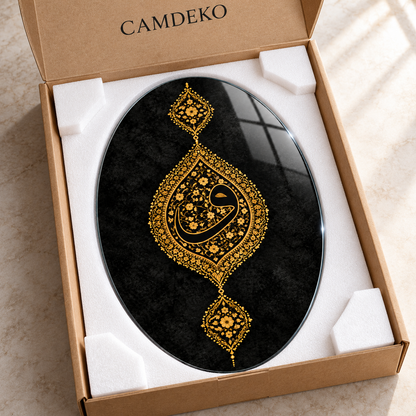 Siyah ve Altın Tezhipli Vav Dikey Oval Cam Tablo - Koruyucu paketleme