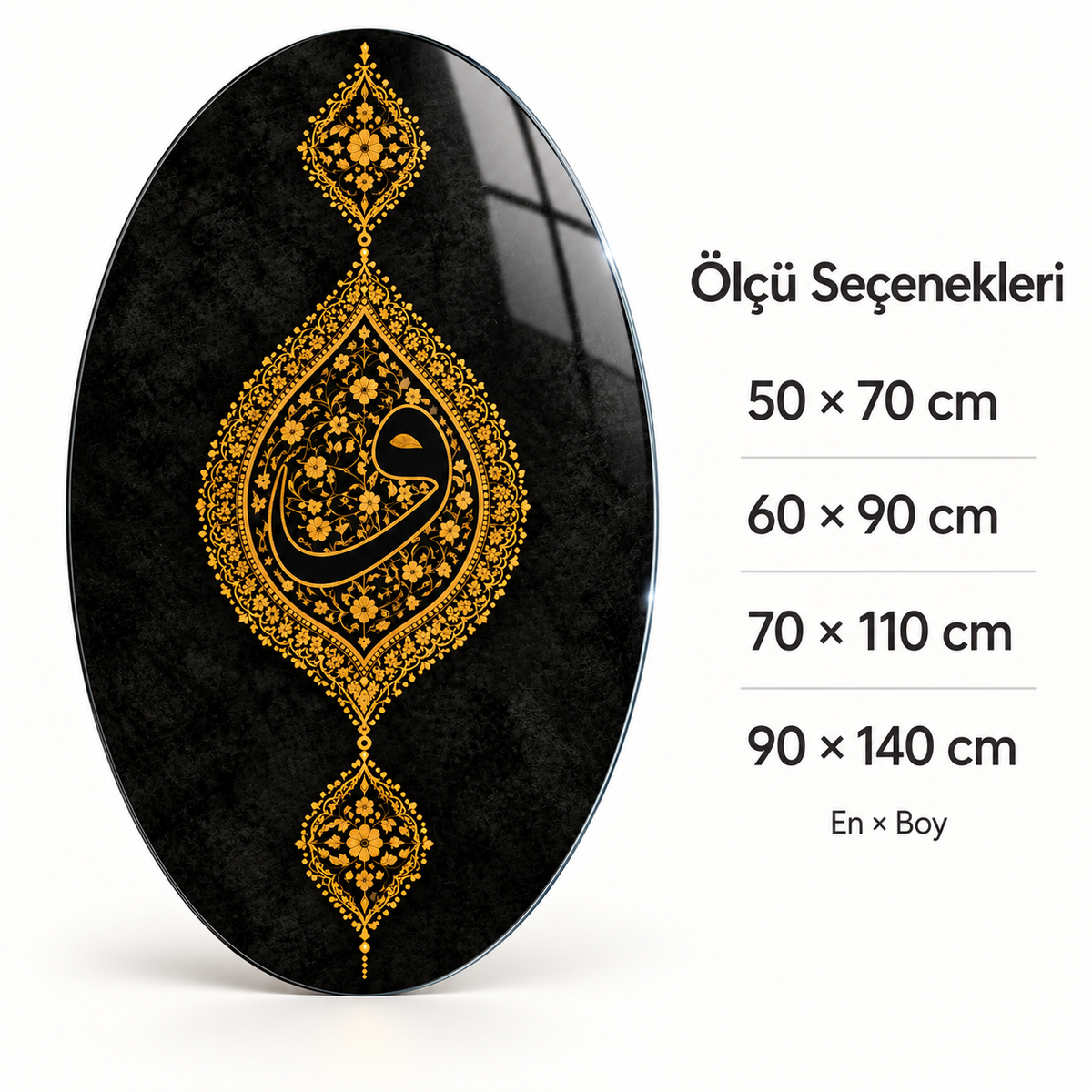 Siyah ve Altın Tezhipli Vav Dikey Oval Cam Tablo - Ölçü seçenekleri