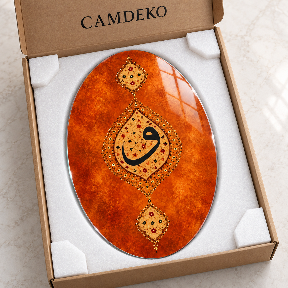 Turuncu ve Altın Tezhipli Vav Dikey Oval Cam Tablo - Koruyucu paketleme