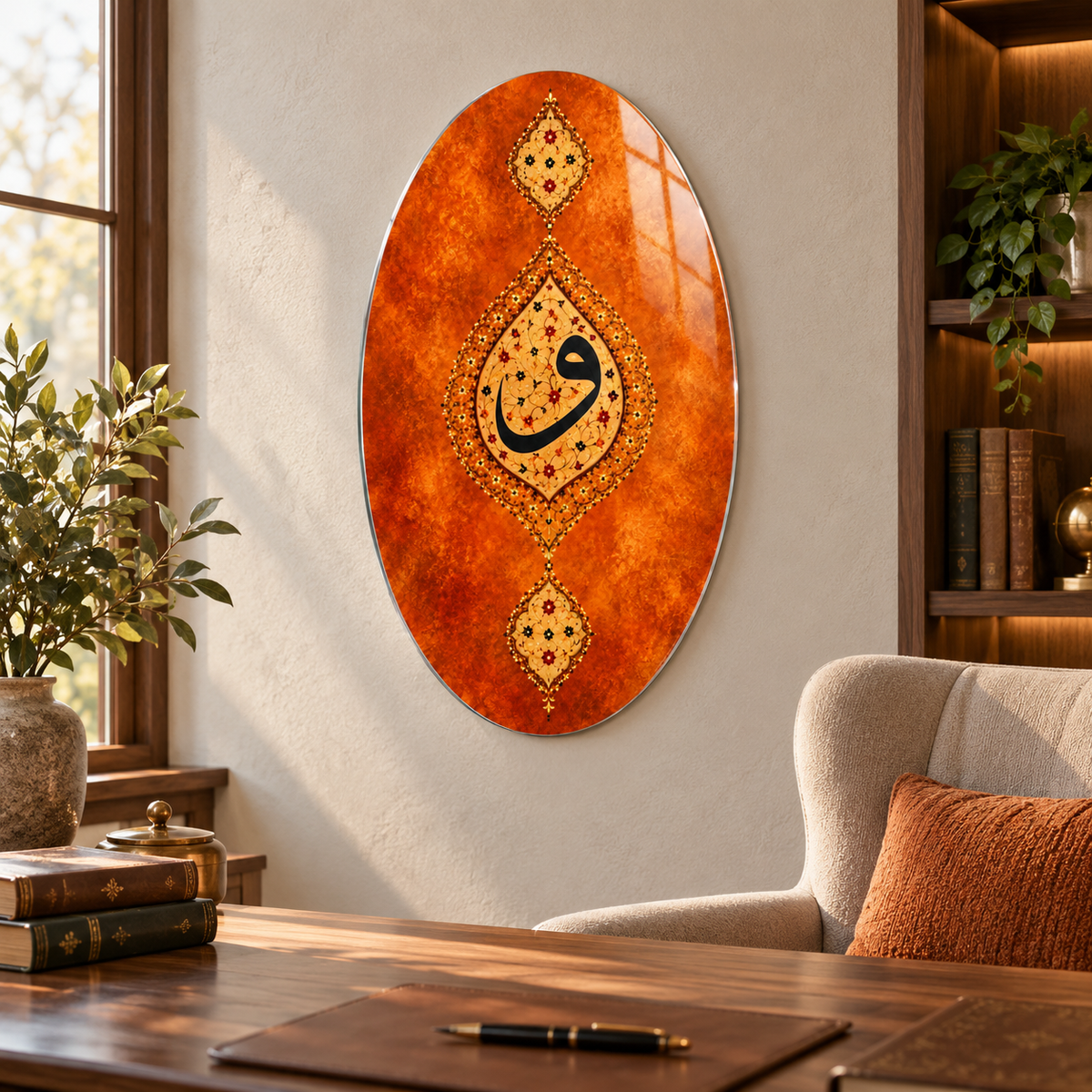 Turuncu ve Altın Tezhipli Vav Dikey Oval Cam Tablo - Alternatif mekân
