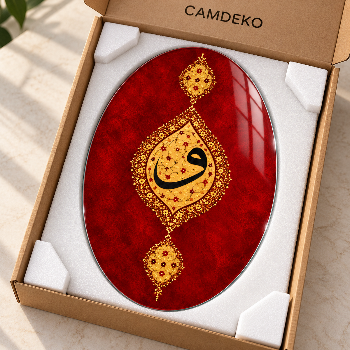 Kırmızı ve Altın Tezhipli Vav Dikey Oval Cam Tablo - Koruyucu paketleme