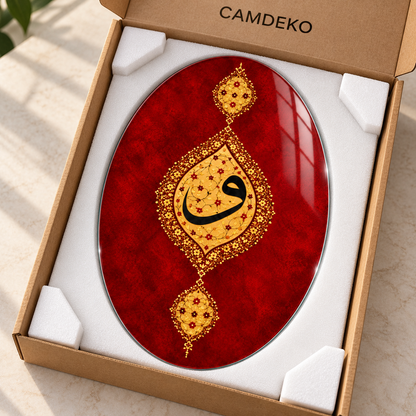 Kırmızı ve Altın Tezhipli Vav Dikey Oval Cam Tablo - Koruyucu paketleme