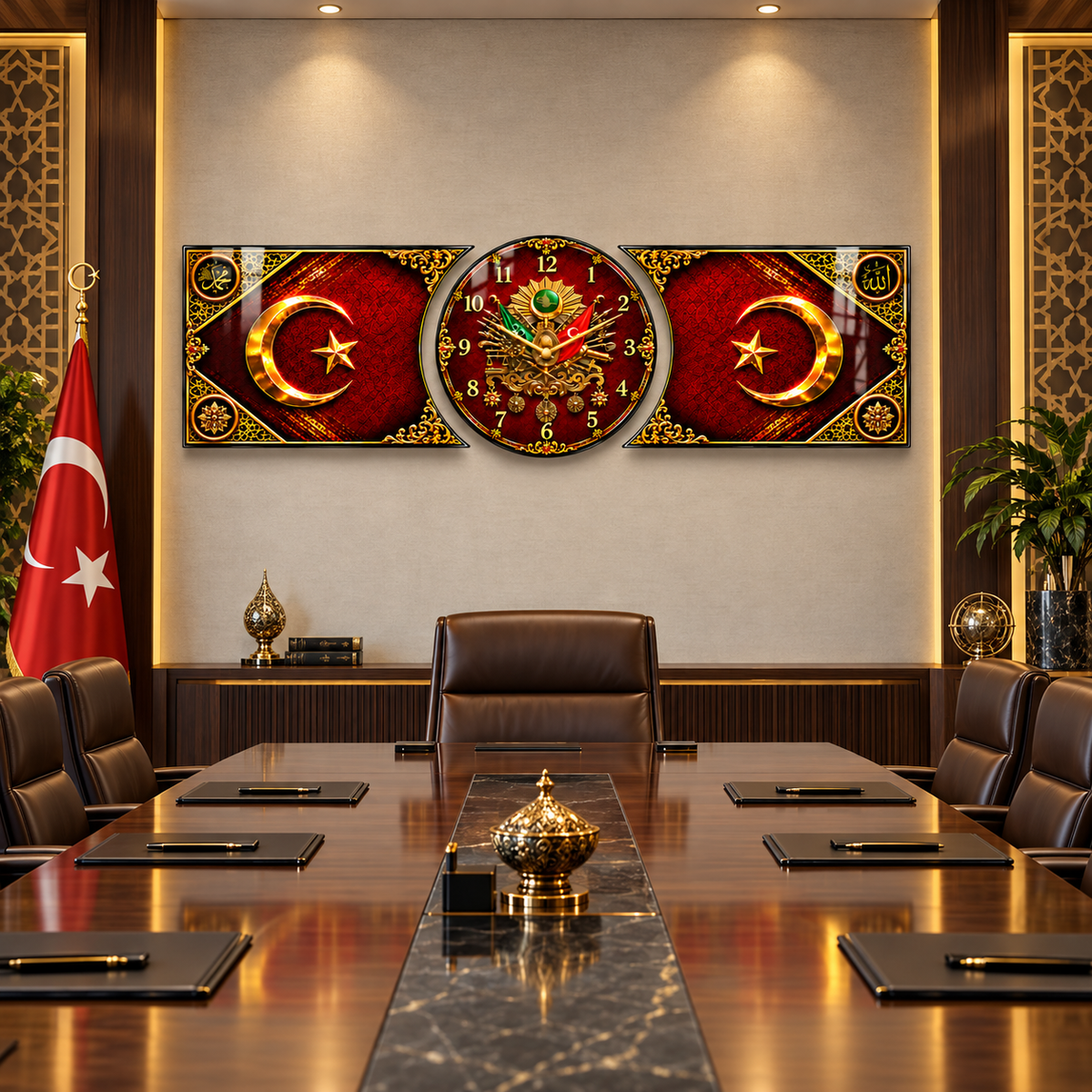 Osmanlı armalı bordo gold hilal yıldız saatli şekilli kesim cam saat yönetim odası görünümü