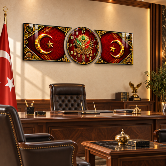 Osmanlı armalı bordo gold hilal yıldız saatli şekilli kesim cam saat lüks makam odası görünümü