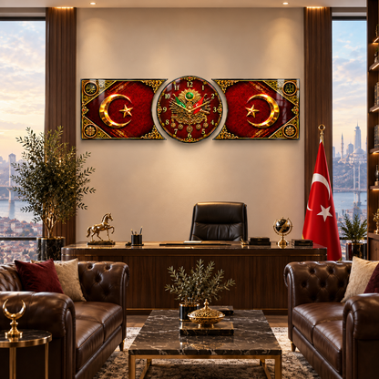 Osmanlı armalı bordo gold hilal yıldız saatli şekilli kesim cam saat alternatif makam ve toplantı alanı görünümü