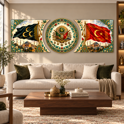 Osmanlı Arması ve Sancaklar Şekilli Kesim Cam Tablo — Salon