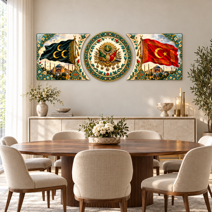 Osmanlı Arması ve Sancaklar Şekilli Kesim Cam Tablo — Yemek odası