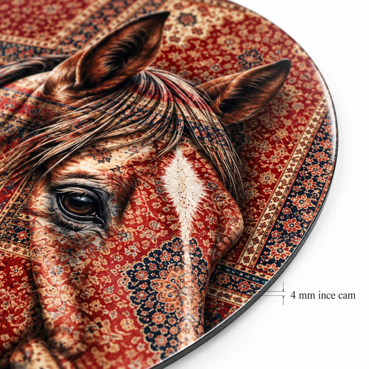 Kilim Desenli At ve Gümüş El Dikey Oval Cam Tablo - 4 mm ince rodajlı cam kenar