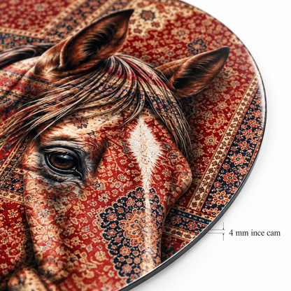 Kilim Desenli At ve Gümüş El Dikey Oval Cam Tablo - 4 mm ince rodajlı cam kenar