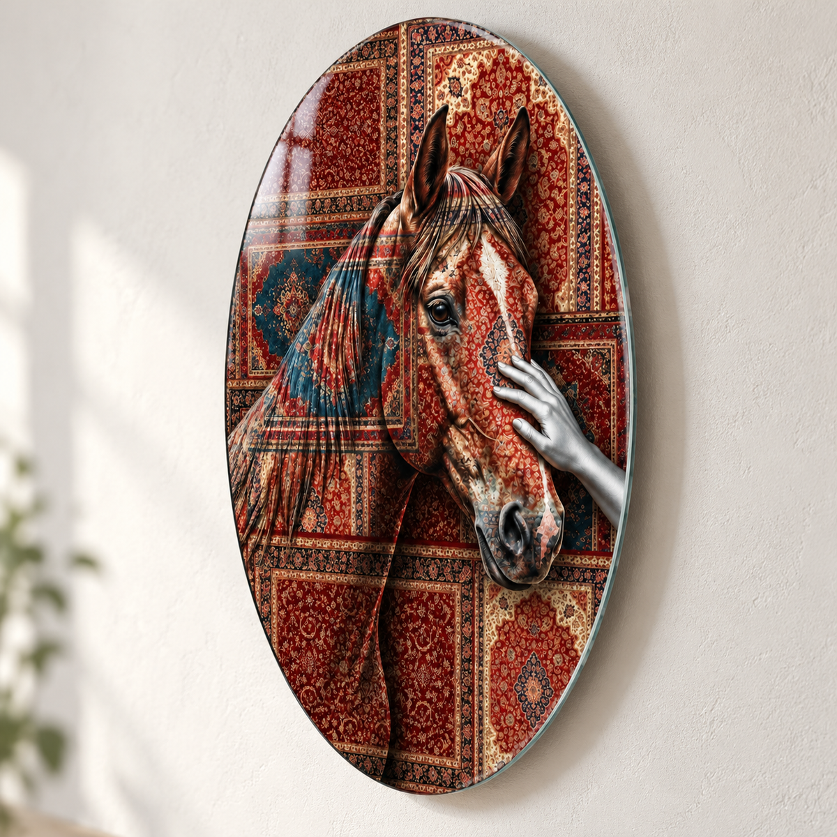 Kilim Desenli At ve Gümüş El Dikey Oval Cam Tablo - Duvardan yaklaşık 2 cm mesafe