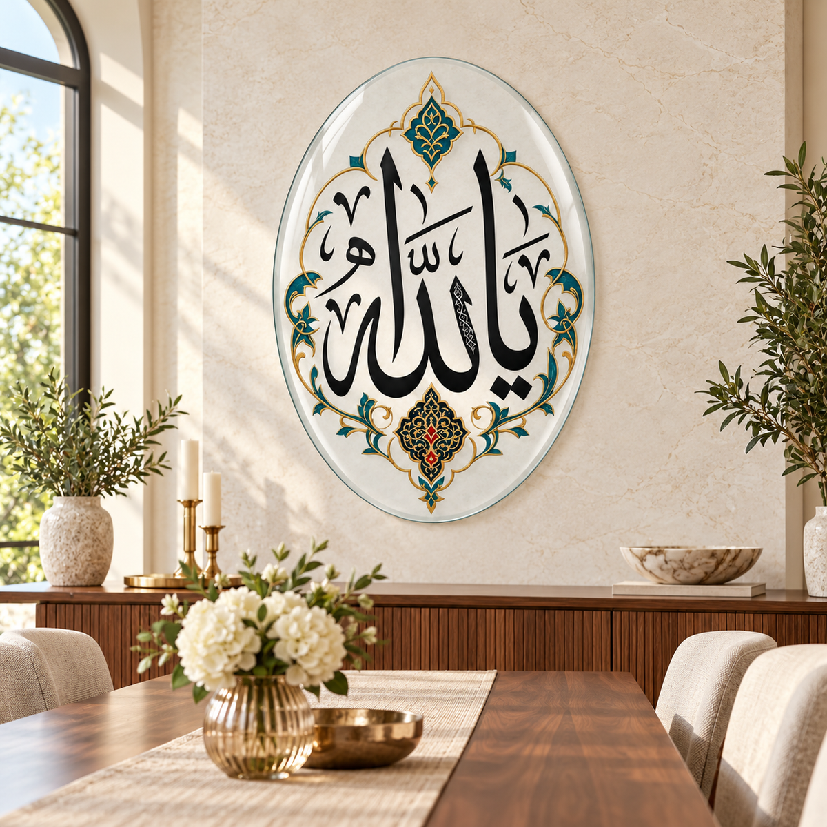 Turkuaz Tezhipli Ya Allah Dikey Oval Cam Tablo - Yemek odası