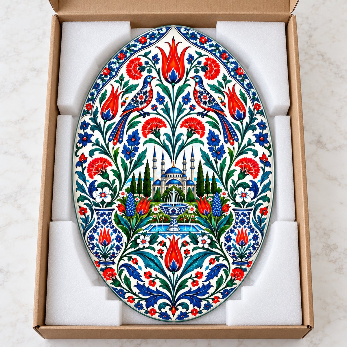 İznik Çinisi Kuşlar ve Cami Dikey Oval Cam Tablo - Koruyucu paketleme