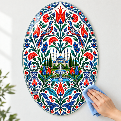 İznik Çinisi Kuşlar ve Cami Dikey Oval Cam Tablo - Mikrofiber bezle kolay temizlik