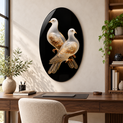 Altın İşlemeli Güvercinler Dikey Oval Cam Tablo – Görsel 10