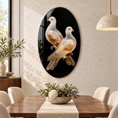 Altın İşlemeli Güvercinler Dikey Oval Cam Tablo – Görsel 3