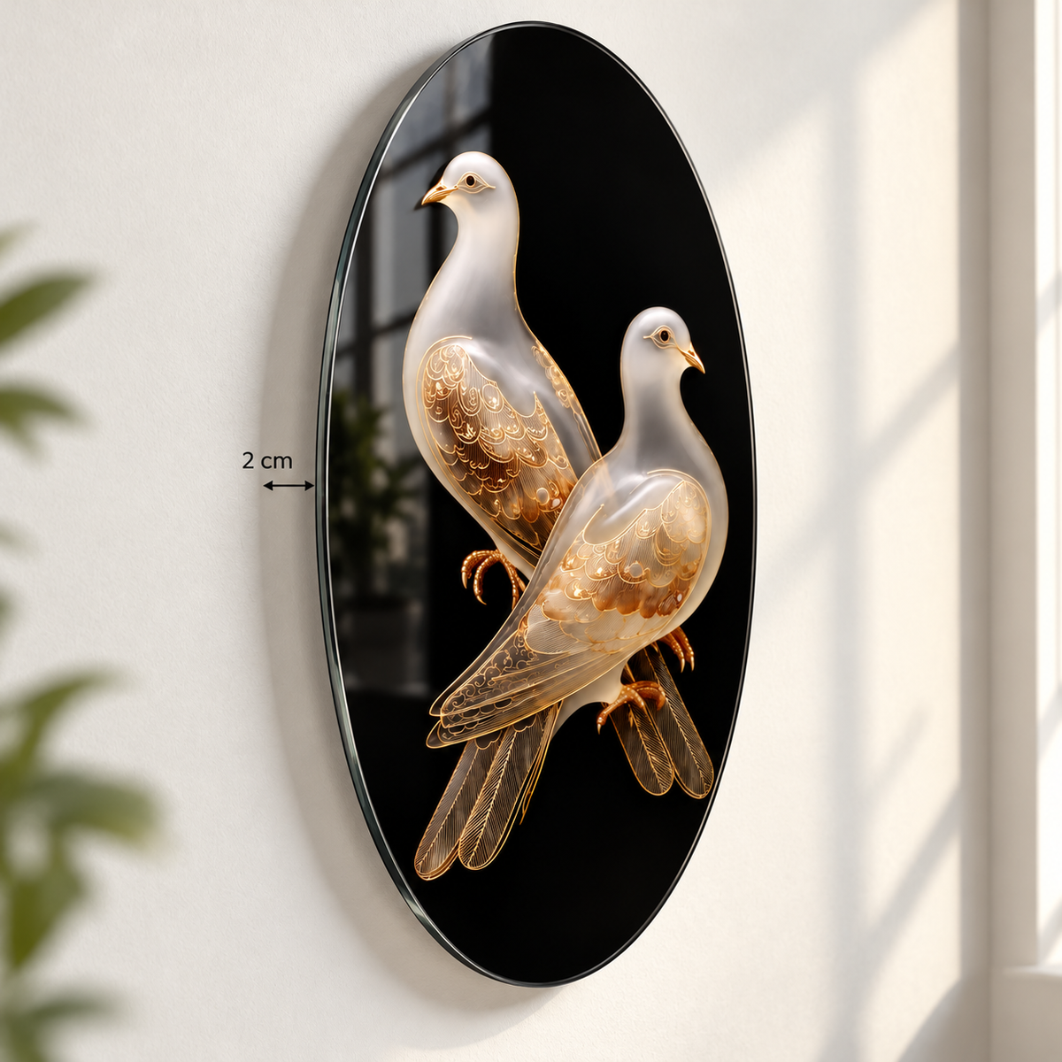 Altın İşlemeli Güvercinler Dikey Oval Cam Tablo – Görsel 6