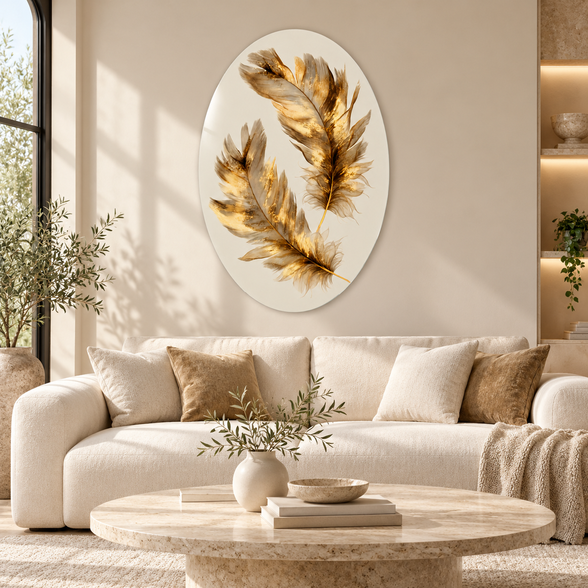 İki Altın Tüy Dikey Oval Cam Tablo – Salon