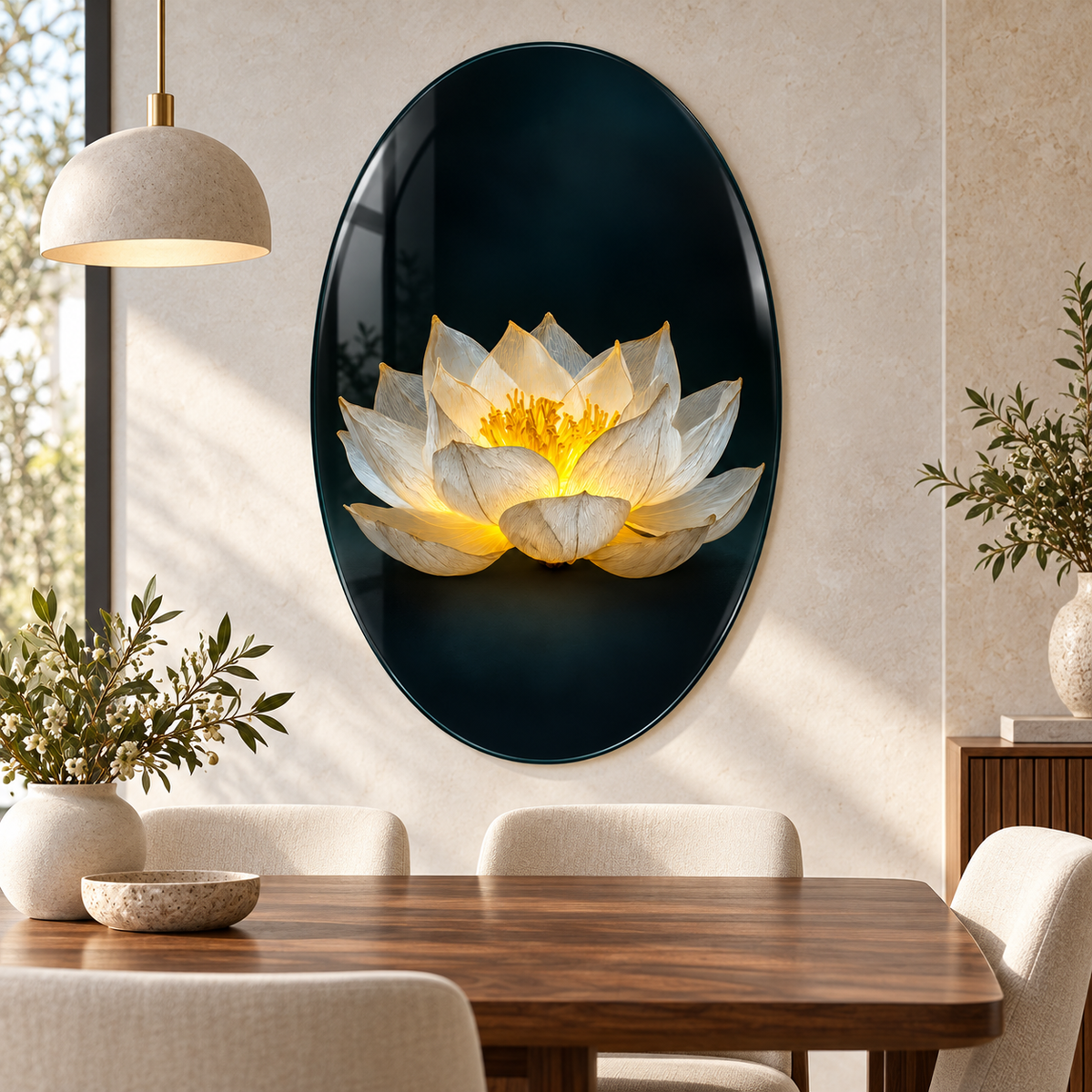 Işıklı Beyaz Lotus Dikey Oval Cam Tablo – Yemek odası